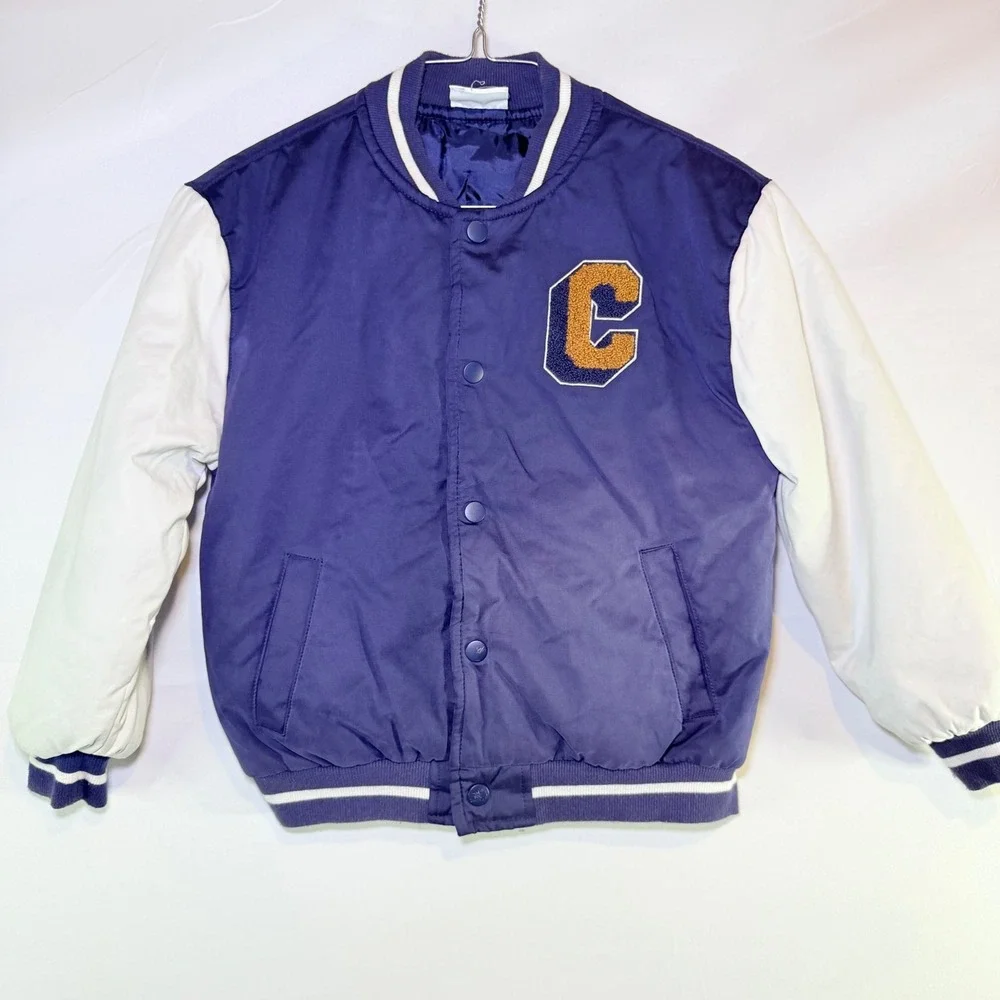 Tommy Bahama‎ Kids Varsity Bomber Jacket Purple White Letterman C Patch